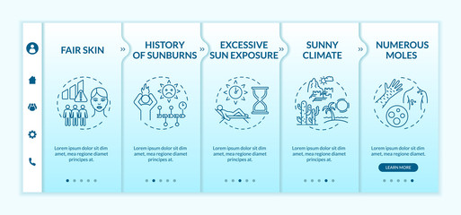 Skin cancer risk factors onboarding vector template. Fair skin. Numerous moles. Sunny climate. Responsive mobile website with icons. Webpage walkthrough step screens. RGB color concept