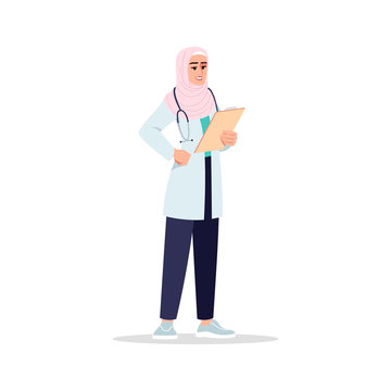 General practitioner semi flat RGB color vector illustration. Primary care physician. Hospital. Young muslim woman working as medical doctor isolated cartoon character on white background