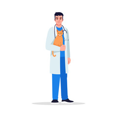 Veterinarian semi flat RGB color vector illustration. Male doctor. Animal hospital. Veterinary physician. Young japanese veterinary surgeon isolated cartoon character on white background