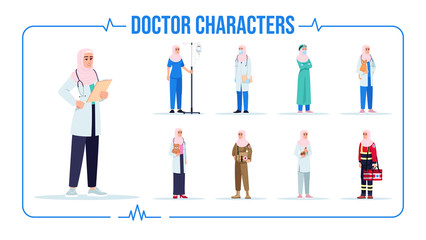 Muslim doctor semi flat RGB color vector illustration set. Alternative medicine specialist. Paramedic. Virologist. Pediatrician. Hospital staff. Isolated cartoon one character on white background pack