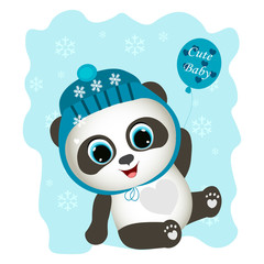 Merry Christmas. Baby boy panda with balloon. Baby print or poster. Cute boy panda vector illustration for children. Panda with snowflakes