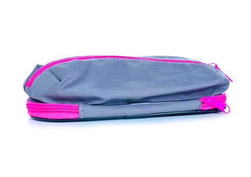 School pencil case on white background isolation