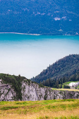 View of Wolfgangsee (Wolfgang Lake) from the Schafberg mountain in Austria, August 2020