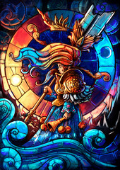 A little girl painted in stained glass style, with a huge sword in one hand and a bell in the other, stands against the background of the sun and moon, mountains and clouds. 2D illustration