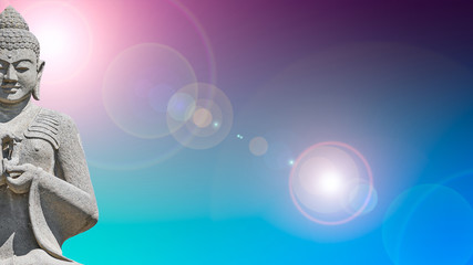 Banner with ancient monument of praying in asana Buddha monk isolated at futuristic with lens flare background, closeup, details