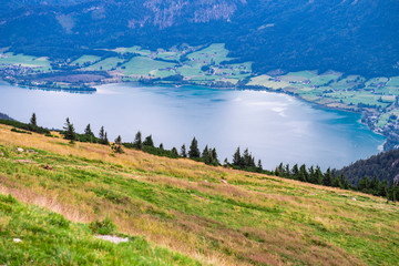 View of Wolfgangsee (Wolfgang Lake) from the Schafberg mountain in Austria, August 2020