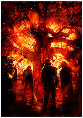 An eerie backdrop on which a huge burning tree with many crucified people, surrounded by soulless zombies, standing around it in broken poses. 2D illustration