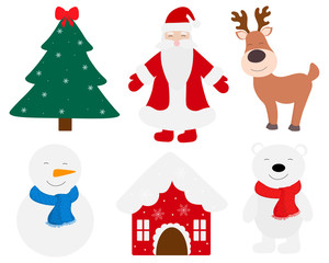 Set of flat Christmas image elements vector illustration. Cute Santa Claus Christmas Tree Star Snowman Bear House Gift