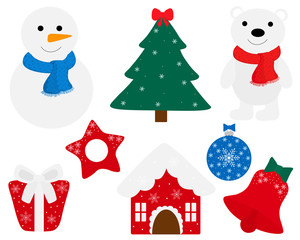 Set of flat Christmas image elements vector illustration. Christmas tree star snowman bear house gift bell