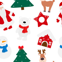 Seamless pattern Christmas tree star Santa Claus deer house snowman polar bear vector illustration.