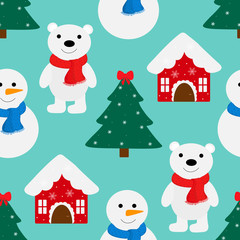 Seamless pattern Christmas tree star Santa Claus deer house snowman polar bear vector illustration.