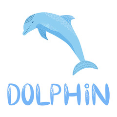 Cute colorful childish cartoon black outline dolfin isolated on a white background. Underwater creature