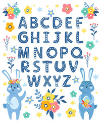 Alphabet poster with cute blue hares and flowers on a white background. Children's illustration, letters and font. © Darya