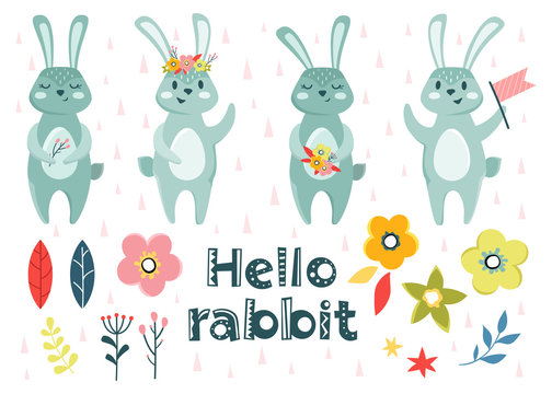 Collection of cute little blue rabbits with flowers and wreaths. Children's clip art, set illustration.