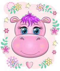 Cute muzzle cartoon hippo with beautiful eyes among flowers, hearts. print t-shirts, baby shower invitation card.