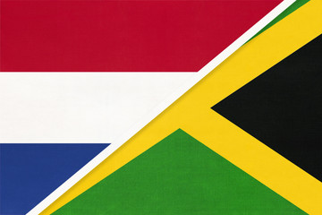 Netherlands or Holland and Jamaica, symbol of national flags from textile. Championship between two countries.