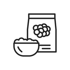 Soy, hummus or couscous package and bowl of porridge black line icon. Healthy, organic food. Proper nutrition. Isolated vector element. Outline pictogram for web page, mobile app, promo