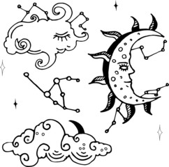 Set of cute vector doodle illustrations on the theme of night and constellations. Concept design for decoration.