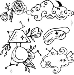 Set of cute vector doodle illustrations on the theme of night and constellations. Concept design for decoration.