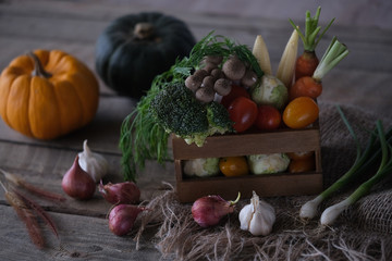 Still life with vegetables in a wooden box and pumpkins