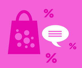 Shopping bag and discounts on a pink background. Symbol. Vector illustration.