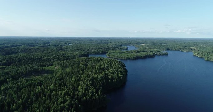 Aerial footage of beautiful blue lake and green summer forest in Finland. Blue sky. Top view. Sunset lanscape.	