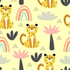seamless pattern with cartoon leopards, rainbows, palm trees, decor elements. Colorful vector flat style for kids. Animals. hand drawing. baby design for fabric, print, wrapper, textile
