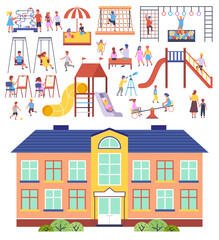 Children s activities. Kids playing at playground, with ball, jumping rope, gymnastics, sandbox, logic games, carousel, up-and-down, slide, board games, swing. School building or kindergarten