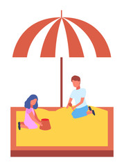 A boy and a girl play in sandbox with colored canopy. Happy kids. Having fun. Outdoor games. Kindergarten or playground. Group of kids playing at the playground. Various children on pleasure ground