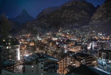 Fototapeta na wymiar Night View in Zermatt, Switzerland (Feat. Matterhorn)