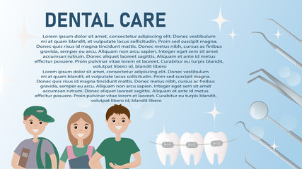 information banner for dental clinic. boys and girls with braces on their teeth enjoy a healthy smile. Dental care - orthodontic treatment and examination of teeth