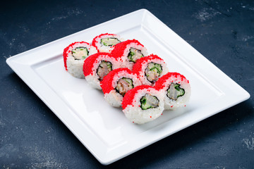 sushi roll close up for menu on grey background