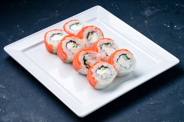 sushi roll close up for menu on grey background