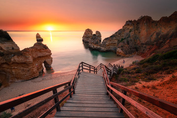 Coves and cliffs at Ponta da Piedade the most famous spot of Algarve region, in Portugal.