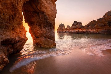 Coves and cliffs at Ponta da Piedade the most famous spot of Algarve region, in Portugal.