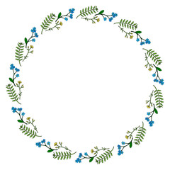 Round frame with creative buttercups and flowers forget-me-not on white background. Vector image.