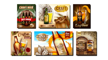 Beer Alcoholic Drink Promo Posters Set Vector. Beer Blank Bottles And Wooden Barrel, Glass With Foamy Beverage And Bag With Ingredients On Advertising Banners. Color Concept Layout Illustrations