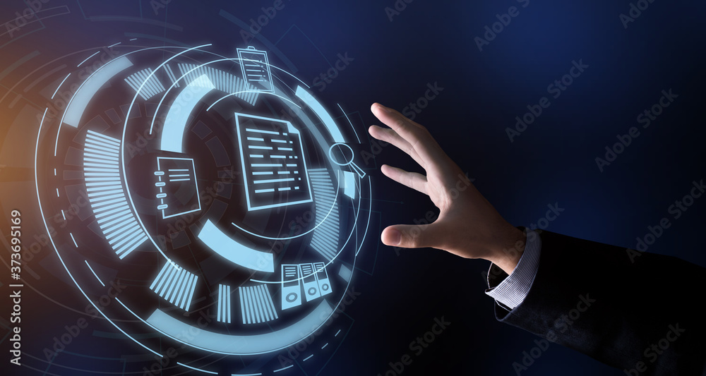 Poster business data storage. businessman hand touching virtual screen with information icons
