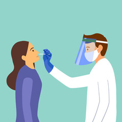 Covid-19 coronavirus testing carried out by a medical professional staff, doctor or nurse. Patient receiving a coronavirus test. DNA test by nose swap probe at hospital in flat design vector.