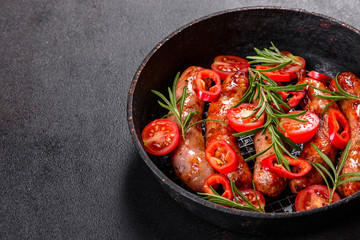 Grilled sausages with vegetables and spices on black background