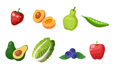Collection of fresh fruits. vegetables, berries. Red strawberry, cutted apricot, pear, pea pod, avocado, chinese cabbage, blueberries, red apple. Healthy eating keeping diet vegeterian concept