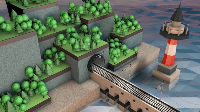 The train moves across the bridge over the reservoir. Drives into the tunnel. In the background trees and a lighthouse. Full HD. Low poly scene