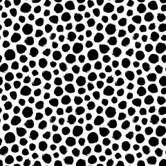 Grunge spots hand drawn vector seamless pattern. Ink dirty circles texture. Black paint dry brush splodges, blotches background. Abstract rough blots, splotches backdrop. Wrapping paper design.
