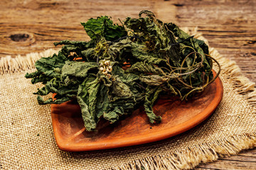 Dry leaves and flowers of nettle for cooking healthy herbal tea
