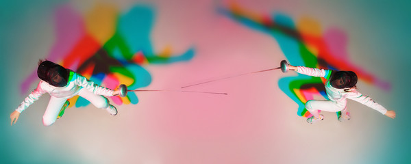 Collage of 1 teen girl in fencing costume with sword in hand on gradient background in neon light. Top view. Young model practicing, training in motion, action. Copyspace. Sport, youth, healthy