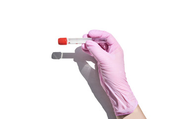 Hand in gloves holding test tube. Medical equipment. Hospital or clinic doctor arm. Healthcare science concept. White isolated background. Pink color. Empty sample. Copyspace. DNA analyze research