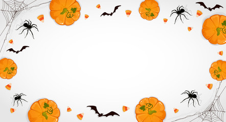 White Halloween Background with Pumpkins and Spiders