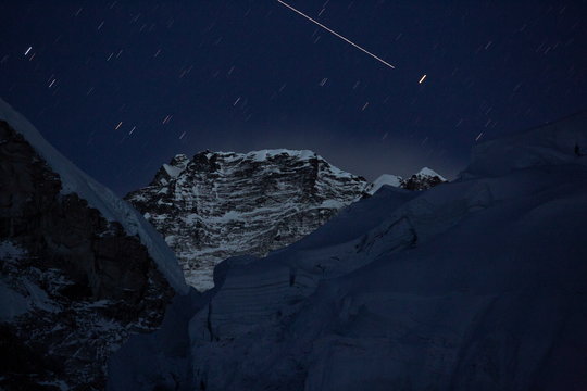 8516m MT. Lhotse and the beautiful night sky with a meteor