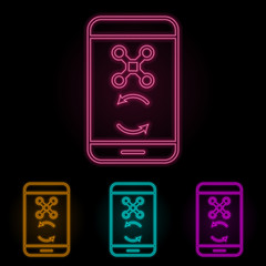 synchronization of the drone with the phone color neon set. Simple thin line, outline vector of drones icons for ui and ux, website or mobile application