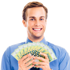 Portrait of businessman holding money euro cash banknotes, isolated over white background. Success in business or finance concept. Confident happy man in blue shirt and tie at studio. Square.